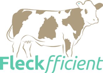 Bild zeigt das Logo des Projektes Fleckfficient: abgebildet ist eine Kuh der Rasse Fleckvieh (schematisch gemalt), als besonderes Highlight hat diese einen braunen Flecken in der Form des Bundeslandes Baden-Württemberg, unter der Fleckvieh-Kuh befindet sich der Schriftzug Fleckfficient