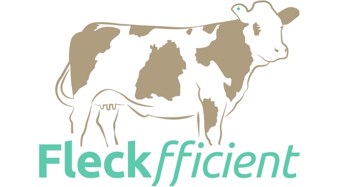 Bild zeigt das Logo des Projektes Fleckfficient: abgebildet ist eine Kuh der Rasse Fleckvieh (schematisch gemalt), als besonderes Highlight hat diese einen braunen Flecken in der Form des Bundeslandes Baden-Württemberg, unter der Fleckvieh-Kuh befindet sich der Schriftzug Fleckfficient