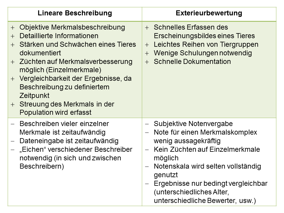 Tabelle Vor- und Nachteile der linearen Beschreibung und der Exterieurbewertung